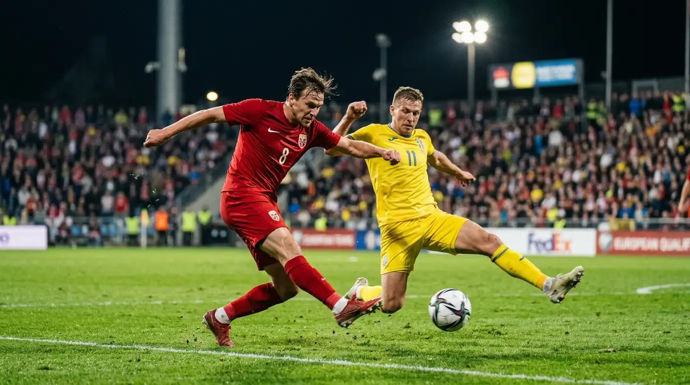 To landslagsspillere i duell om ballen under en internasjonal fotballkamp på kveldstid