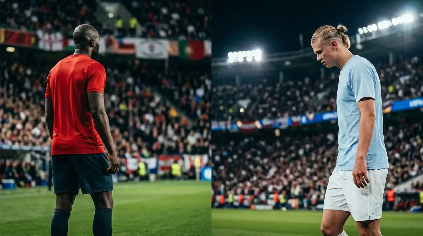 To toppspisser i fokus, én i rødt og én i lyseblått, foran en fullsatt tribune før en VM-semifinale