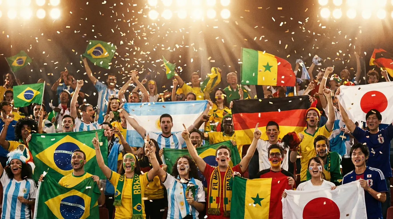 Entusiastiske fotballsupportere med flagg og skjerf på en fullsatt tribuneseksjon under en VM-kamp