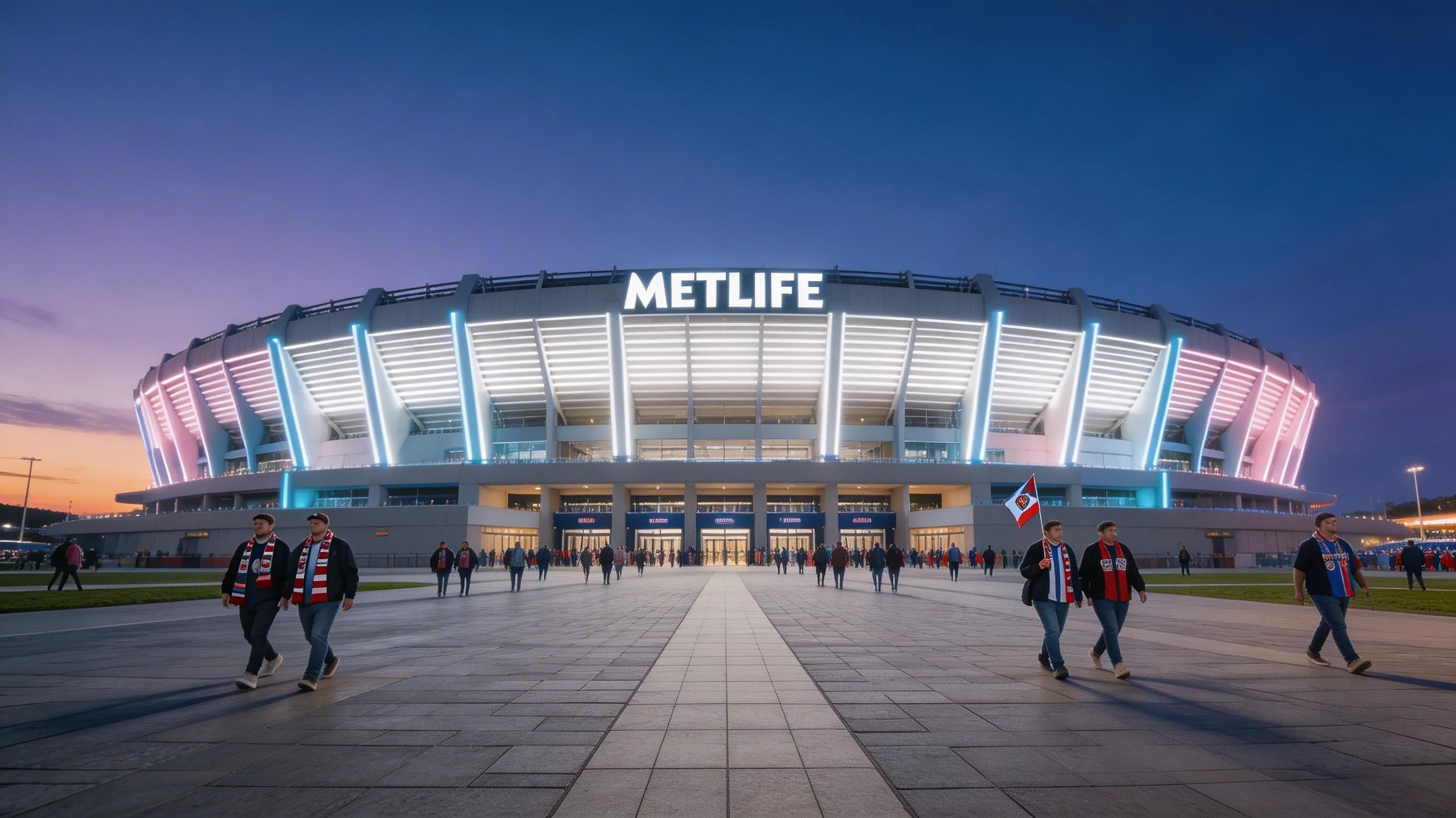 MetLife Stadium sett utenfra i kveldslys med opplyste fasader og fotballsupportere som ankommer
