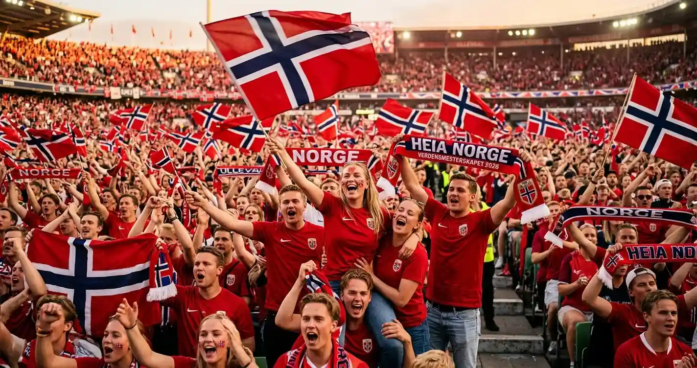 Norske landslagssupportere i rødt jubler med flagg på tribunen under en VM 2026-kamp