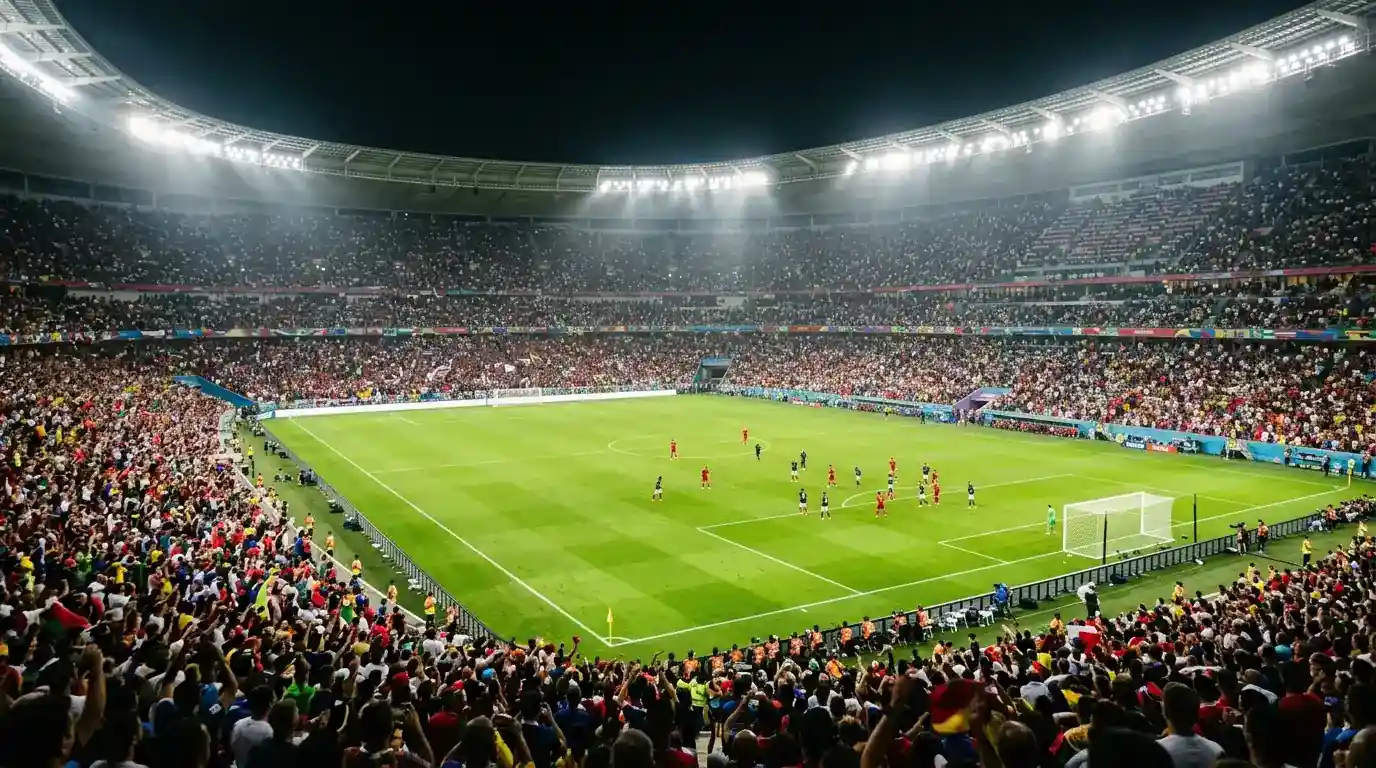 Fullsatt stadion under en stor VM 2026-kamp på kveldstid