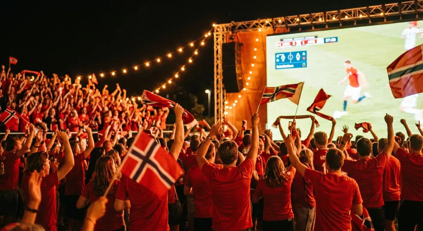 Norske supportere feirer med flagg på en utested-skjerm under VM 2026