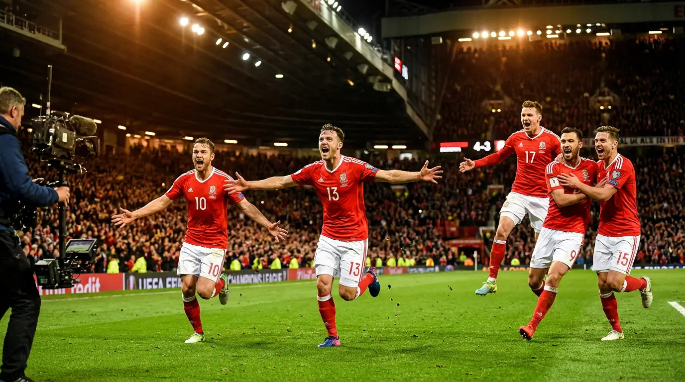 Norske fotballspillere i røde drakter feirer et mål på en stor stadion under flombelysning