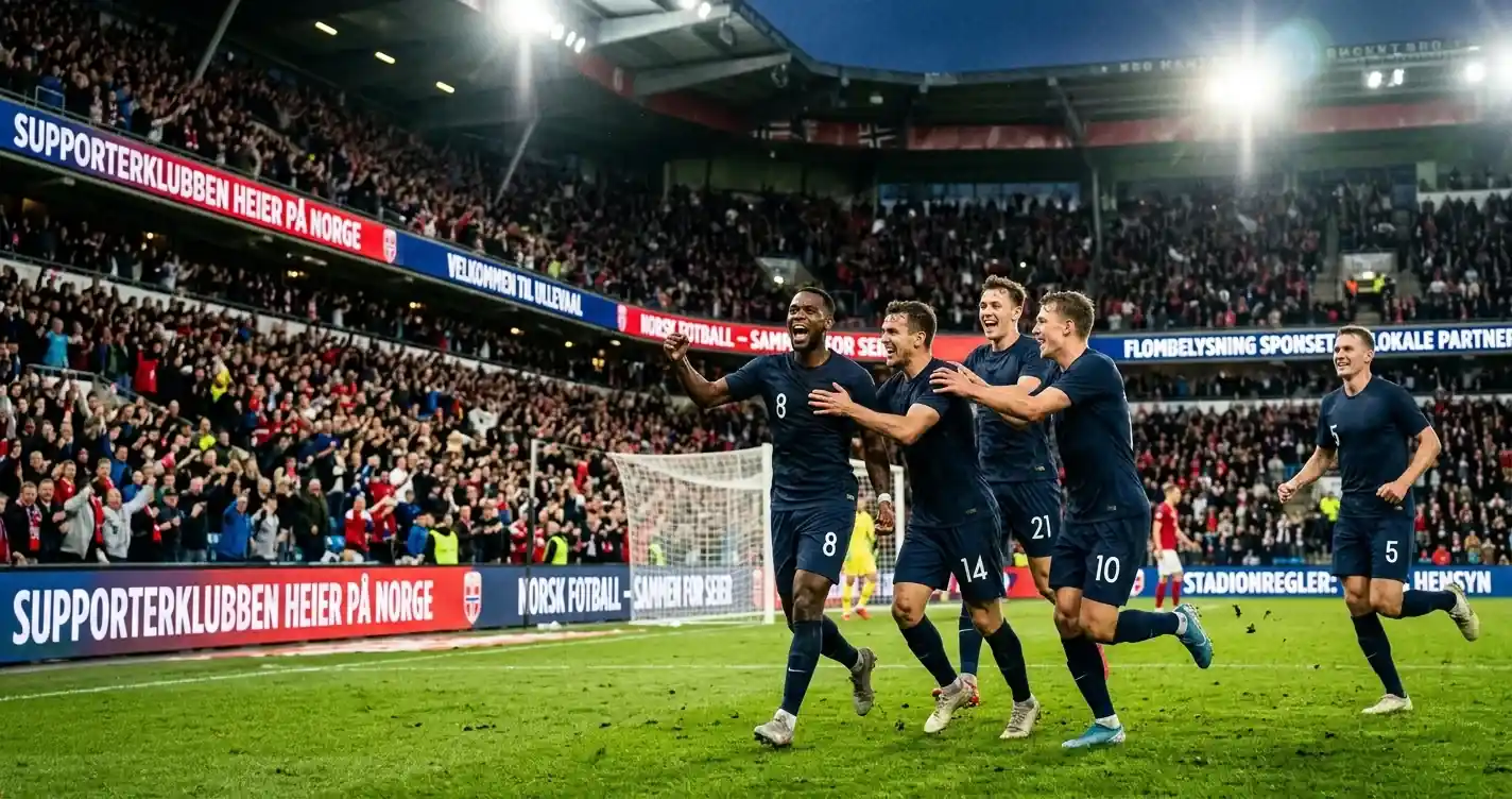 Fotballspiller feirer en scoring med lagkamerater under en internasjonal kveldskamp