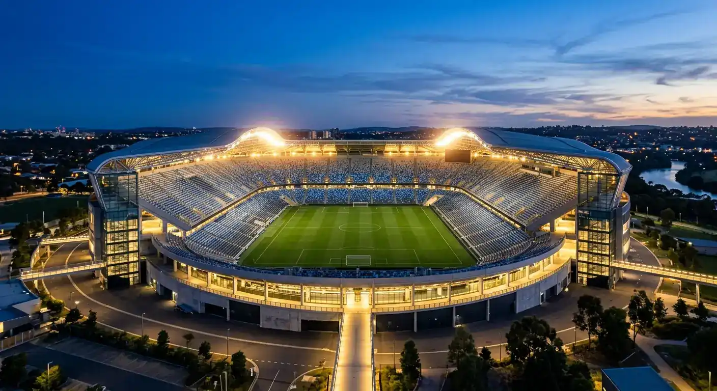 Opplyst fotballstadion i skumringen før en kveldskamp i VM 2026