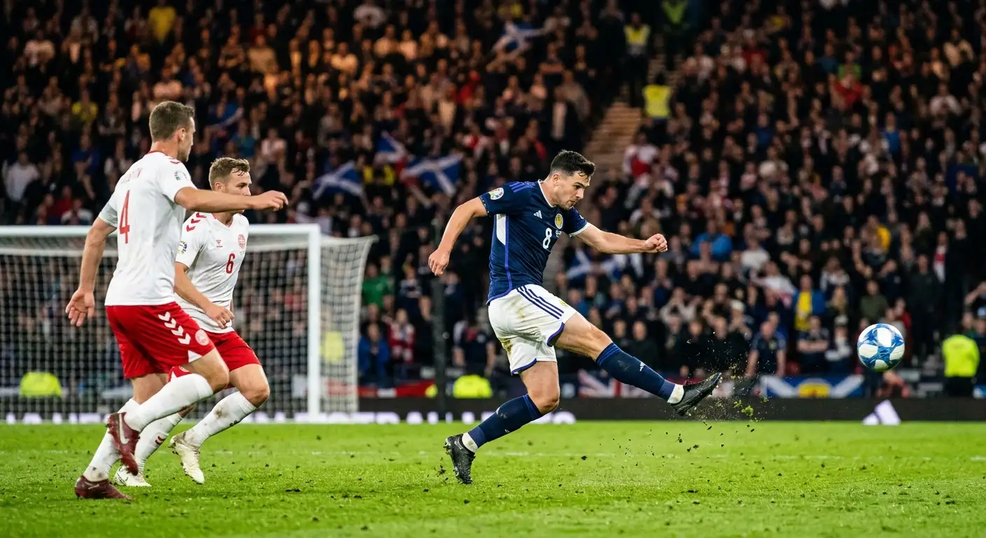 Fotballspiller skyter mot mål under en internasjonal kveldskamp