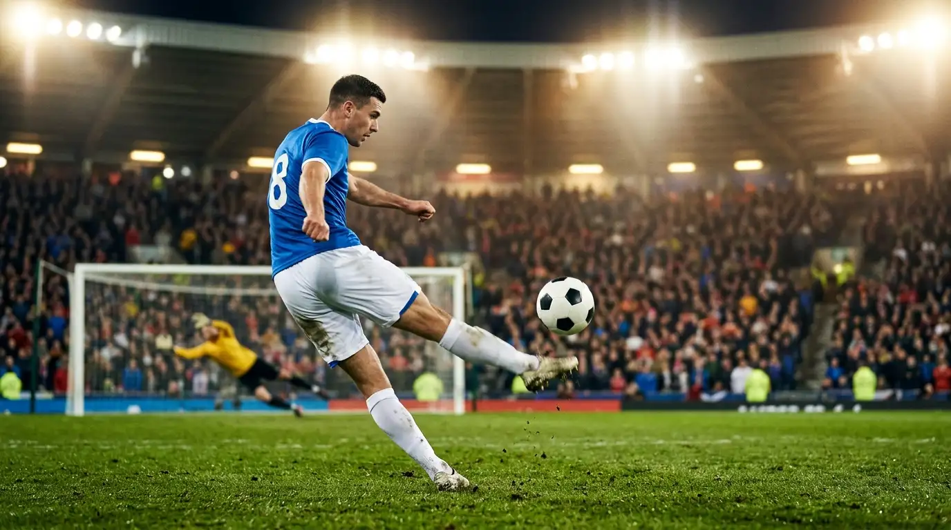 Fotballspiller skyter mot mål under en internasjonal kveldskamp