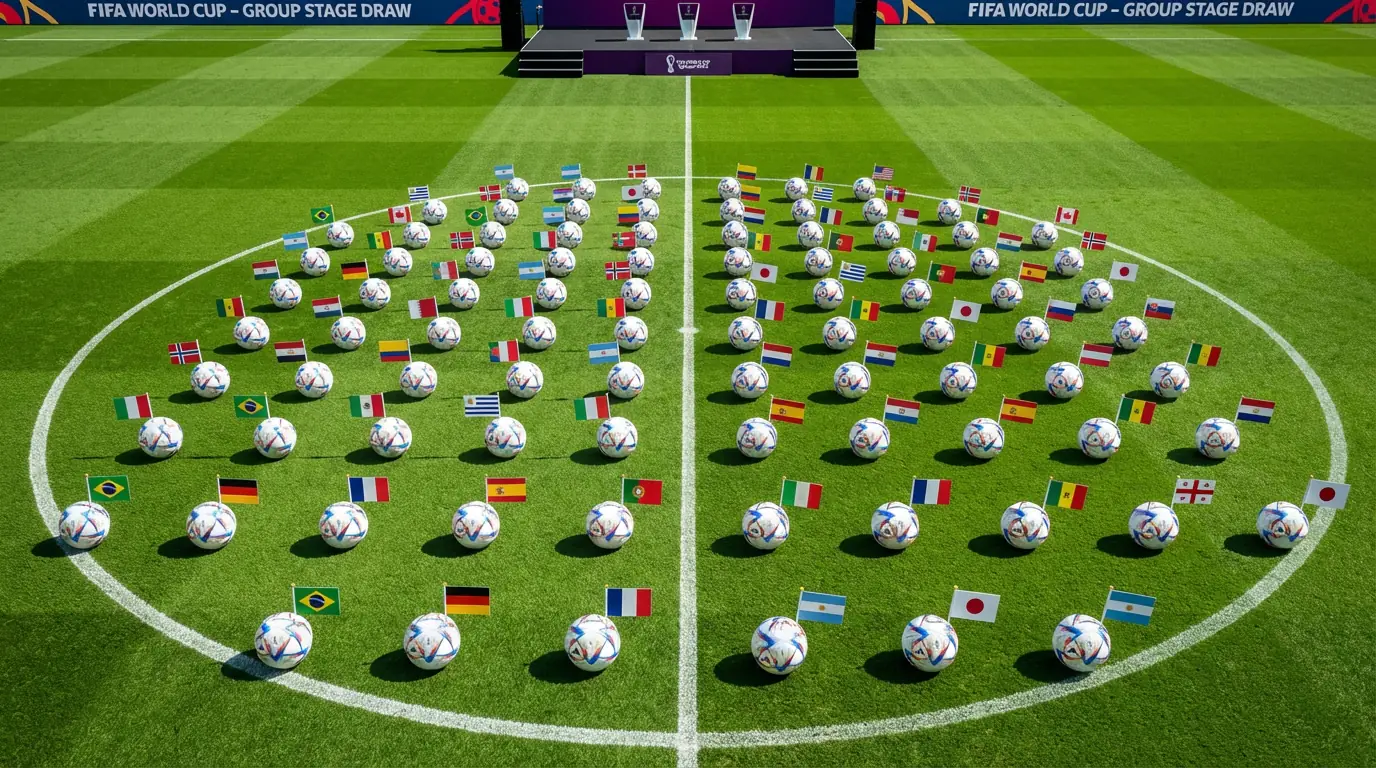 Fotballer og nasjonalflagg oppstilt på grønt gress som symboliserer VM 2026-gruppene