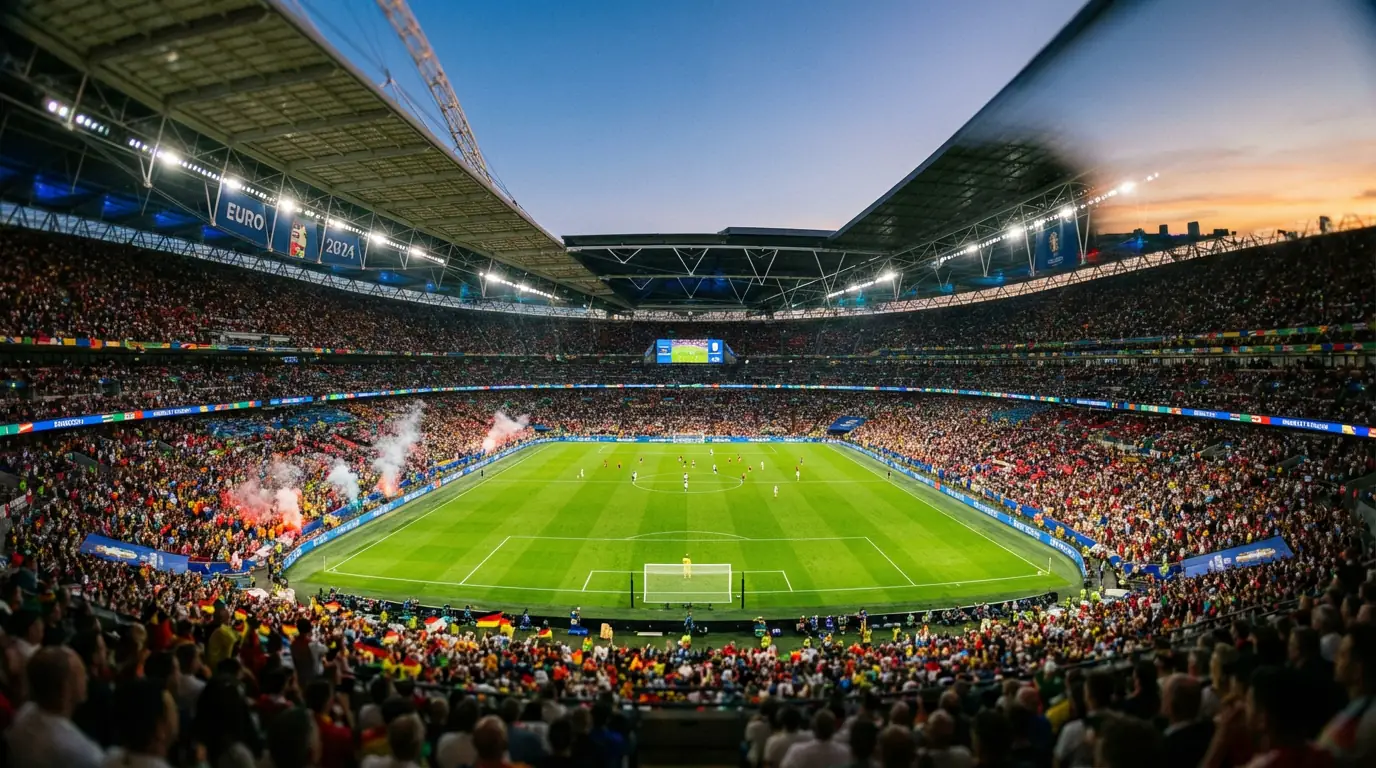 Panoramautsikt over et fullsatt fotballstadion under VM 2026 med grønt gress og flomlys i kveldslys